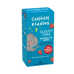 Kid-friendly Carmién Sleepy Time Rooibos and Chamomile tea for children, featuring strawberry flavour, 20 compostable teabags, ideal for calming bedtime routines.