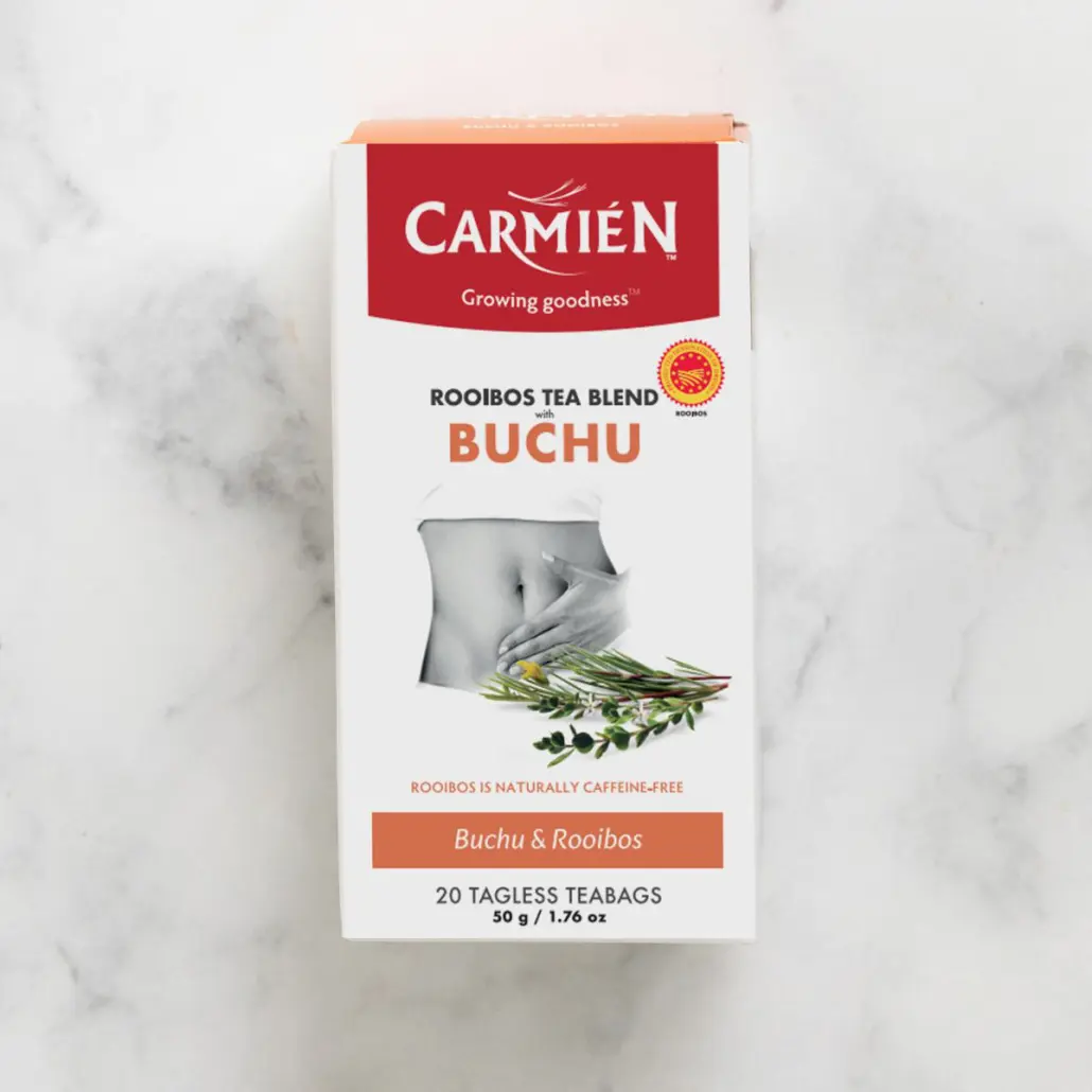 Rich rooibos tea blend with buchu, caffeine-free herbal tea for wellness, in eco-friendly teabags, ideal for detox and relaxation, sourced from South Africa’s natural herbs.