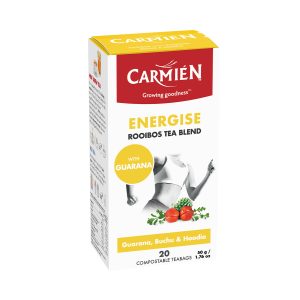Carmién Energise Rooibos Tea with Guarana, 20 teabags, natural herbal infusion for energy boost, caffeine-rich blend of Guarana, Buchu & Hoodia, ideal for revitalising your day.