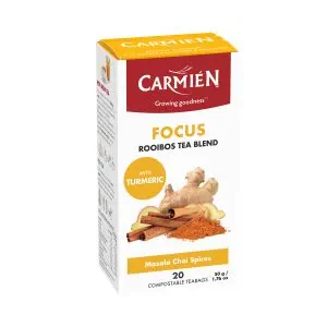 Carmién Tea Focus Rooibos blend with turmeric, ideal for energizing and boosting focus. Perfect for a warm, spicy cup of Masala Chai spices, crafted for tea lovers seeking wellness and flavor.