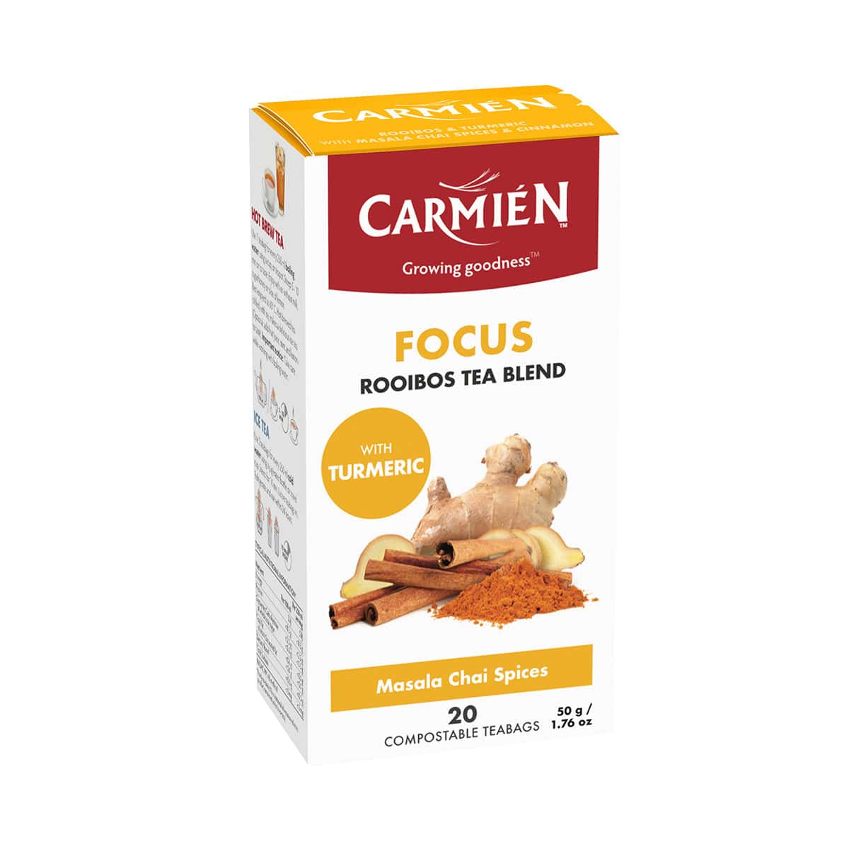 Carmién Tea Focus Rooibos blend with turmeric, ideal for energizing and boosting focus. Perfect for a warm, spicy cup of Masala Chai spices, crafted for tea lovers seeking wellness and flavor.