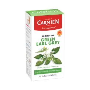 Premium Green Earl Grey tea with bergamot flavour, caffeine-free rooibos, and natural ingredients for a soothing, aromatic tea experience. Perfect for health-conscious tea lovers.