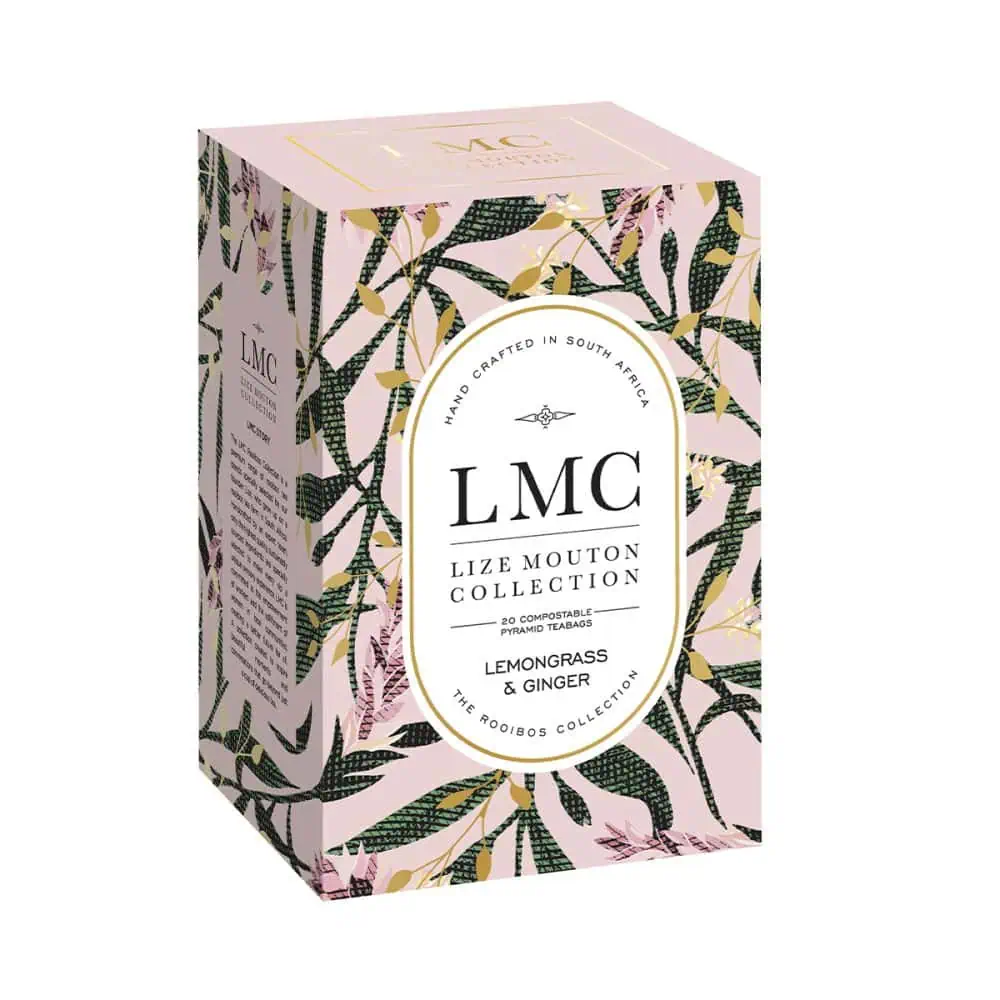 Delicious Ginger & Lemongrass Tea in eco-friendly packaging, perfect for wellness and relaxation. Crafted in South Africa, this tea offers a refreshing, natural flavor experience.