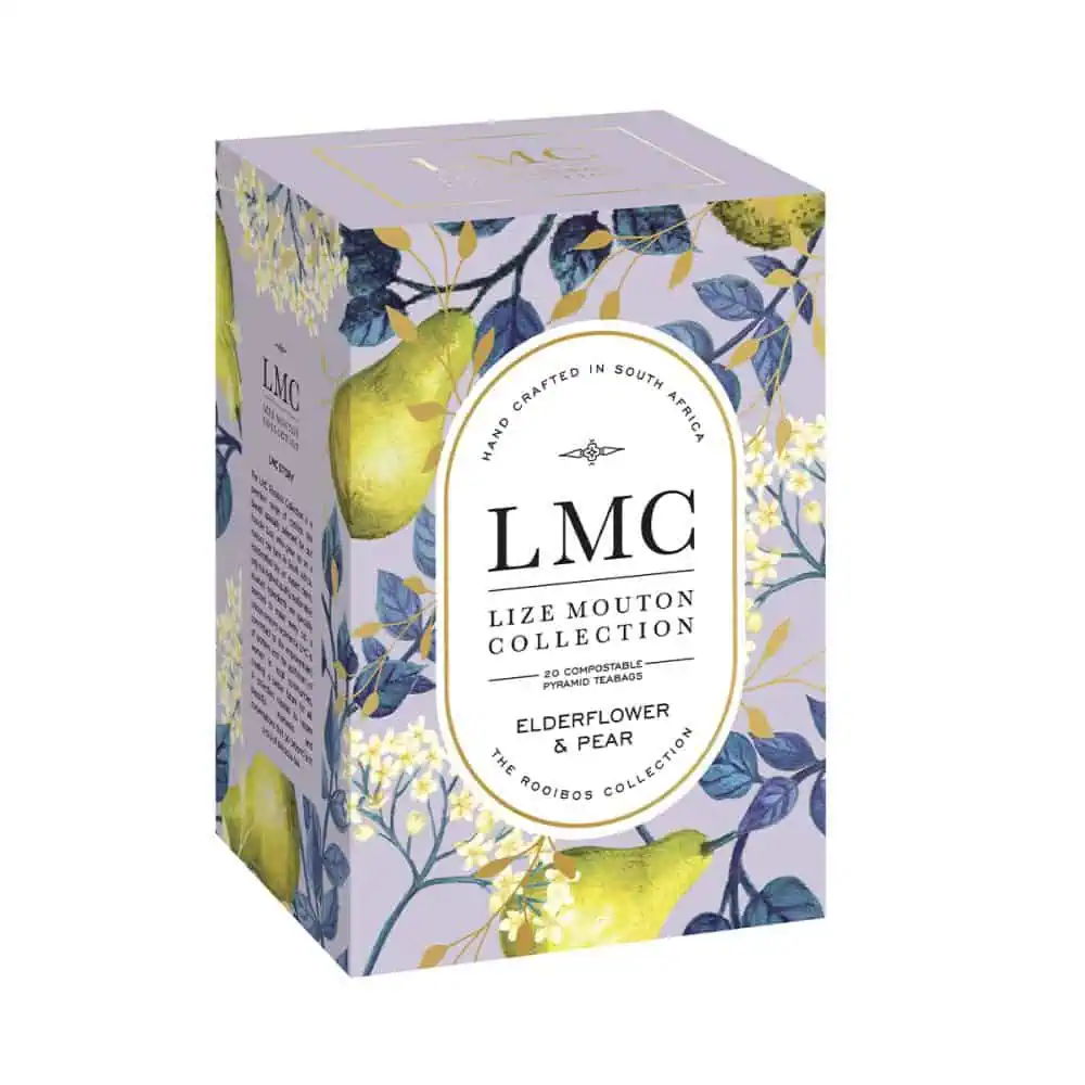 Delicious LMC Pear and Elderflower tea, crafted in South Africa, featuring natural pear and elderflower flavors, perfect for a refreshing tea experience.