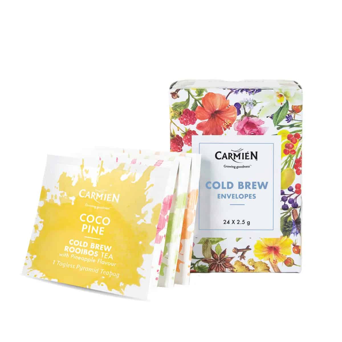 Vibrant herbal tea packaging featuring Carmién Cold Brew Envelopes and Coco Pine Rooibos Tea, showcasing natural botanicals and bright, colorful floral designs for a healthy, refreshing beverage experience.