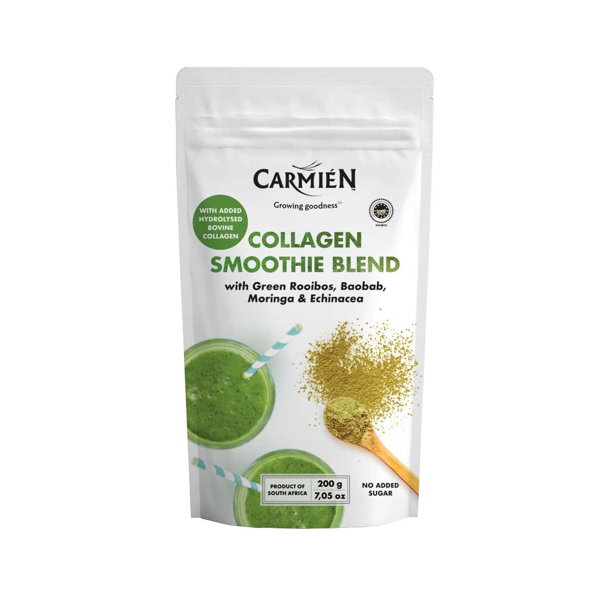 Rich green collagen smoothie blend powder with added hydrolysed bovine collagen, infused with green rooibos, baobab, moringa, and echinacea, perfect for health and wellness.