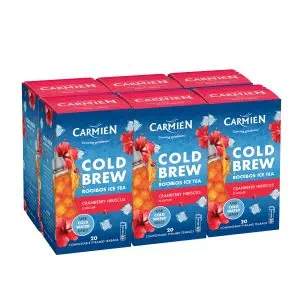 Cranberry Hibiscus Cold Brew Tea multi-pack with 6 x 20 teabags, featuring vibrant packaging with hibiscus flowers and cranberries, ideal for refreshing iced tea.