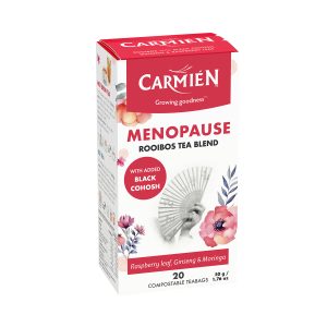 Carmién Menopause Rooibos Tea with Raspberry Leaf, Ginseng & Moringa, 20 Teabags, supports hormonal balance and menopause relief with natural ingredients.