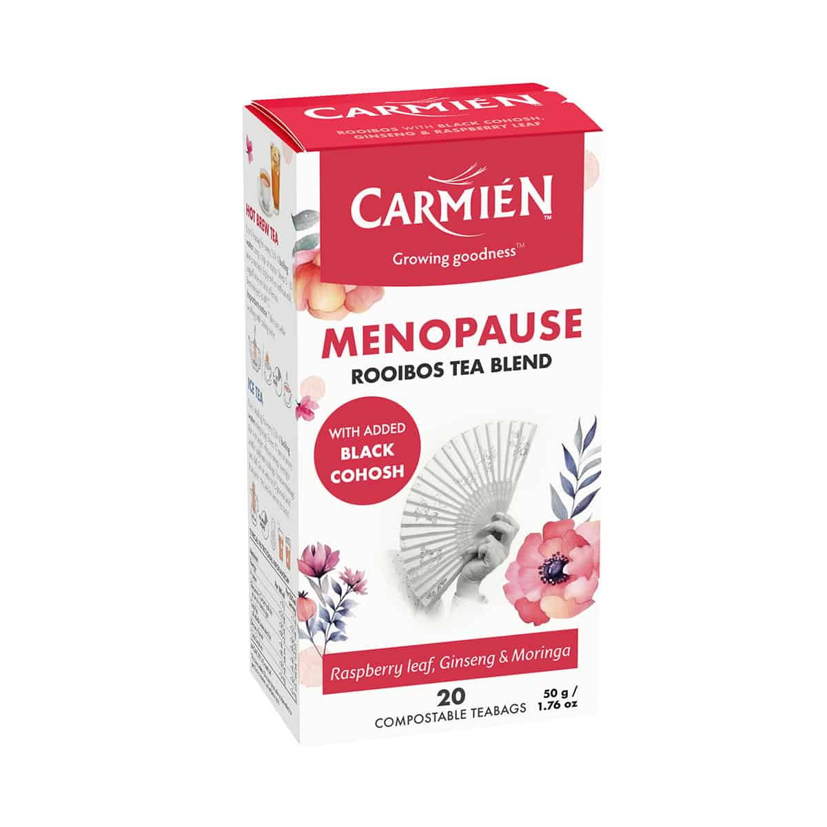 Carmién Menopause Rooibos Tea with Raspberry Leaf, Ginseng & Moringa, 20 Teabags, supports hormonal balance and menopause relief with natural ingredients.