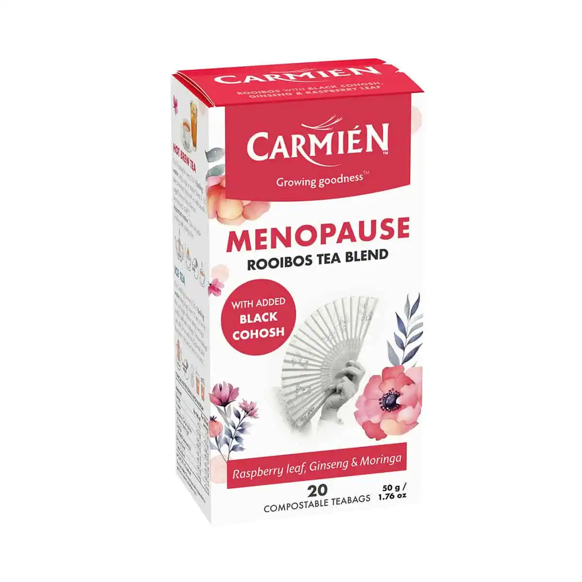 Carmién Menopause Rooibos Tea with Raspberry Leaf, Ginseng & Moringa, 20 Teabags, supports hormonal balance and menopause relief with natural ingredients.