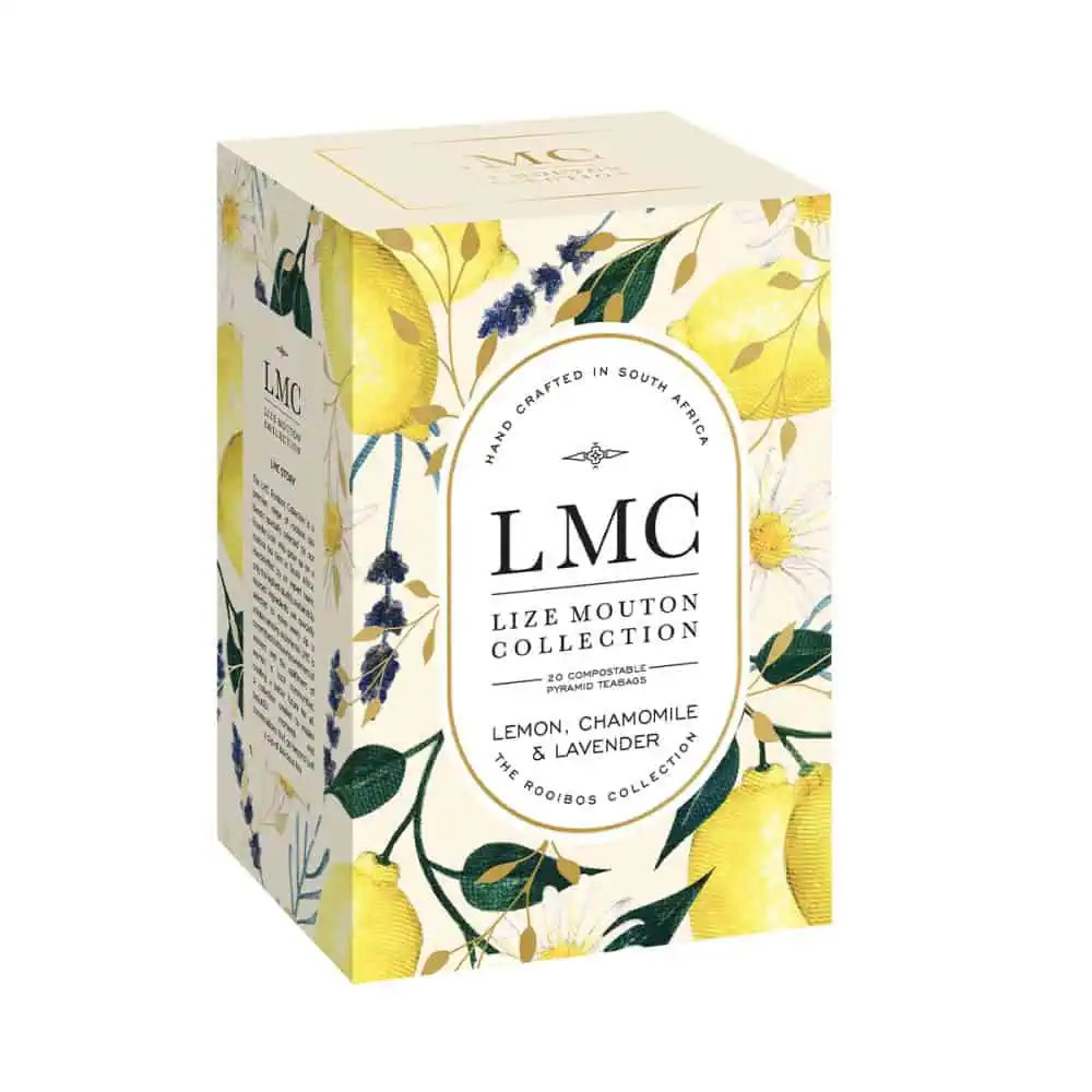 LMC Lemon, Chamomile and Lavender tea box with natural botanical illustrations, promoting soothing herbal infusions for relaxation and wellness.