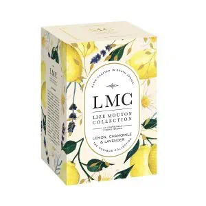 LMC Lemon, Chamomile and Lavender tea box with natural botanical illustrations, promoting soothing herbal infusions for relaxation and wellness.