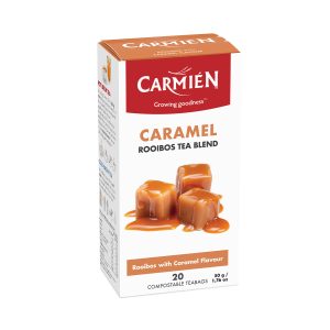 Delicious caramel-flavored Rooibos tea in 20 biodegradable teabags, perfect for a soothing, sweet tea experience. Made with high-quality ingredients for a rich, aromatic taste.