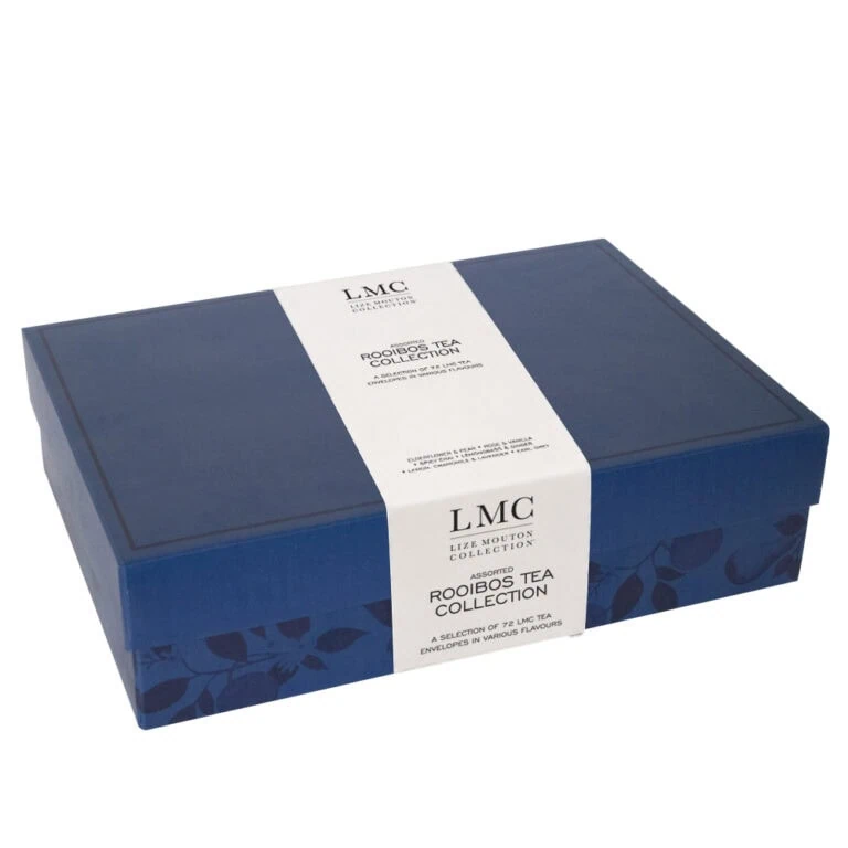 Elegant Rooibos tea gift box from Carmién Tea, featuring a premium collection of South African herbal teas in a stylish blue packaging. Perfect for tea lovers and gift-giving occasions.