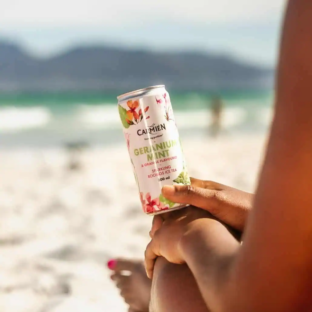 Refreshing Carmién Geranium Mint Rooibos ice tea can, 300ml, held against a scenic beach background, showcasing the product's natural ingredients and vibrant packaging.