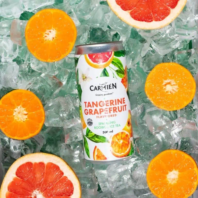 Refreshing tangerine grapefruit rooibos iced tea can with slices of citrus fruits and ice cubes. Perfect for summer, highlighting natural flavors and wellness benefits of Carmién Tea products.