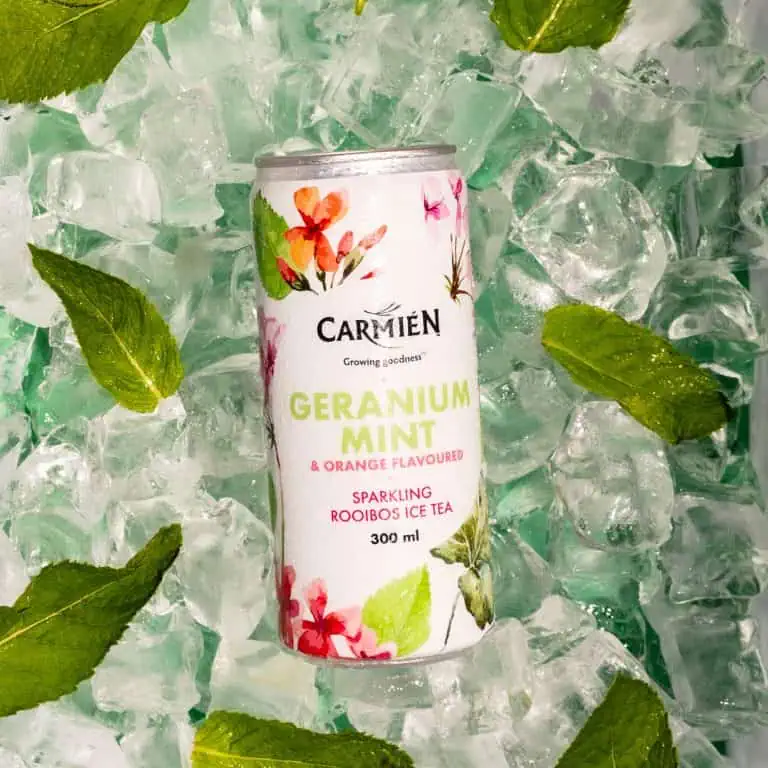 Geranium mint sparkling Rooibos ice tea in a 300ml can, surrounded by ice and fresh mint leaves, showcasing the natural and refreshing ingredients of Carmién Tea's botanical beverage with orange flavour.