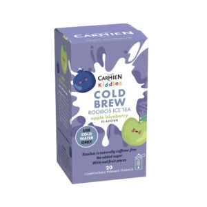 Carmién Kids Cold Brew Rooibos tea box with apple and blueberry flavor, featuring playful fruit characters, ideal for e-commerce sales of rooibos tea blends.