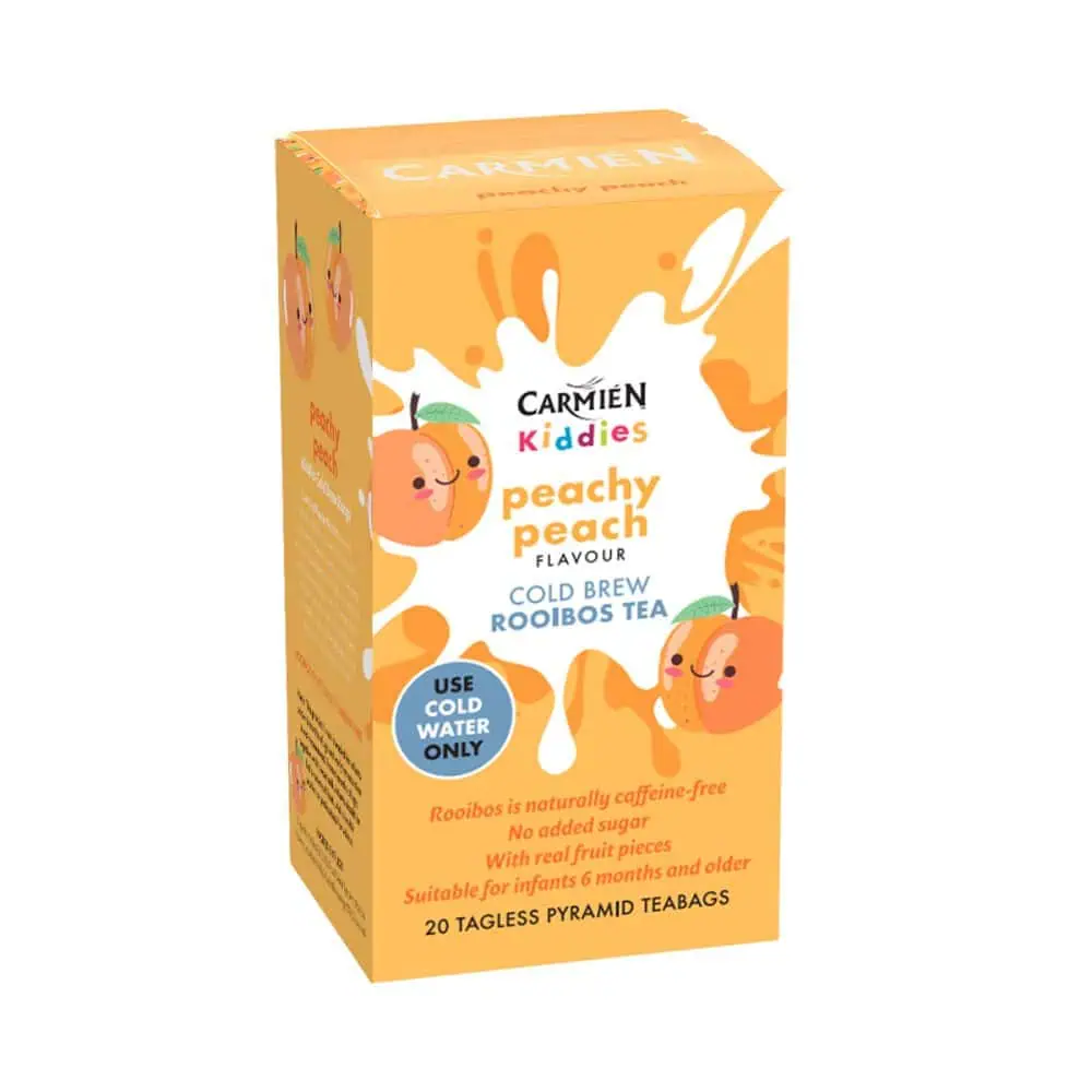 Brightly coloured box of Peachy Peach Kiddies Cold Brew Tea with fun peach illustrations, suitable for children, caffeine-free, with real fruit pieces, and designed for easy brewing.