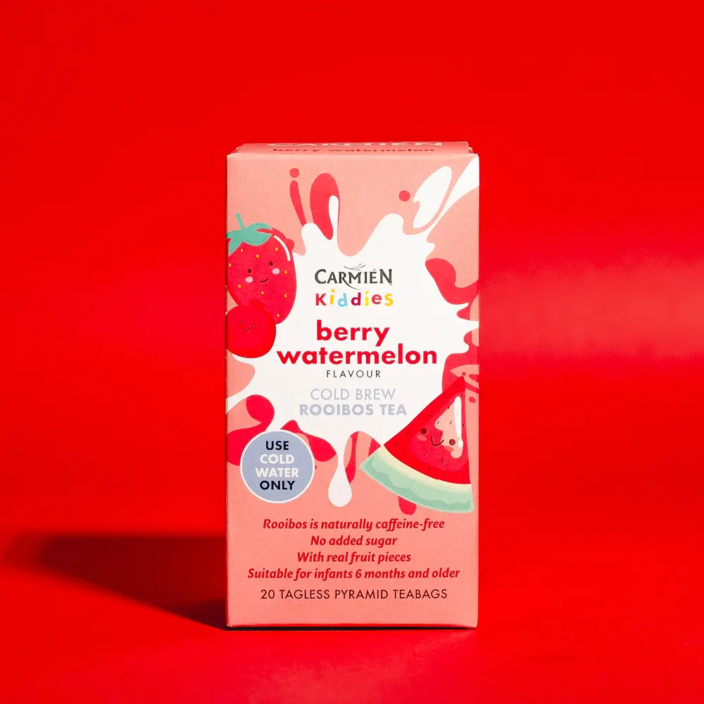 Carmien_SA_Kiddies_QR_page22 CarmiƩn Berry Watermelon flavoured kiddies cold brew rooibos tea is a delicious, sweet tasting blend of Rooibos with Watermelon flavouring and a Forest berry blend.