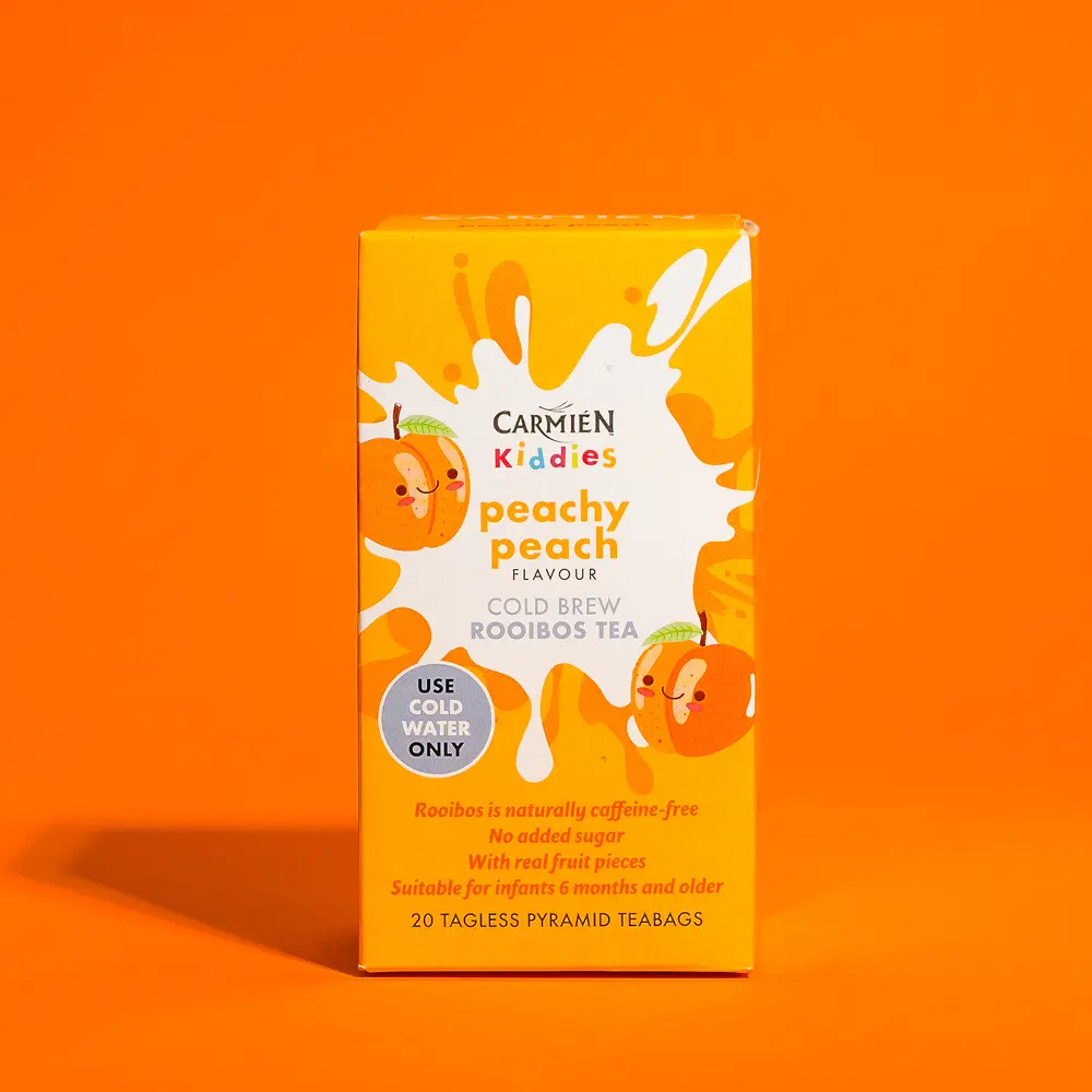 Carmien_SA_Kiddies_QR_page24 CarmiƩn Peachy Peach flavoured kiddies cold brew rooibos tea is a sweet, fruity blend of Rooibos with Peach flavouring and a fruit base blend, with added stevia leaf for natural sweetness without added sugar.