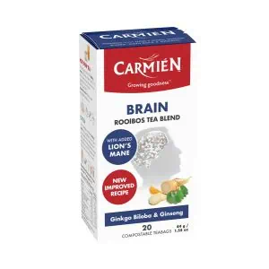 Carmién Brain Rooibos Tea Blend with Lion's Mane, Ginkgo Biloba, and Ginseng for mental clarity and focus. 20 compostable teabags, 44g.
