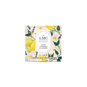 Organic Lemon, Chamomile & Lavender tea envelopes from Carmién Tea, part of the LMC collection, featuring eco-friendly pyramid teabags for a soothing herbal infusion.
