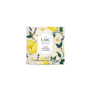 Organic Lemon, Chamomile & Lavender tea envelopes from Carmién Tea, part of the LMC collection, featuring eco-friendly pyramid teabags for a soothing herbal infusion.