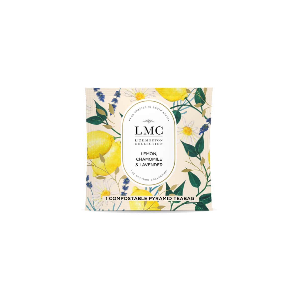 Organic Lemon, Chamomile & Lavender tea envelopes from Carmién Tea, part of the LMC collection, featuring eco-friendly pyramid teabags for a soothing herbal infusion.