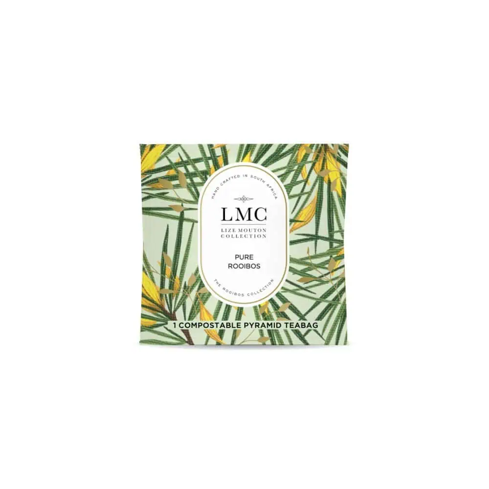 Organic Rooibos tea in compostable pyramid teabags, perfect for a healthy, eco-friendly beverage. Ideal for tea lovers seeking authentic South African rooibos flavor.