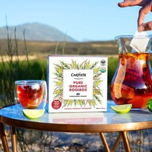 Organic Rooibos tea in eco-friendly packaging, perfect for a healthy lifestyle. Enjoy the natural, caffeine-free flavor of Carmién Tea's premium rooibos.