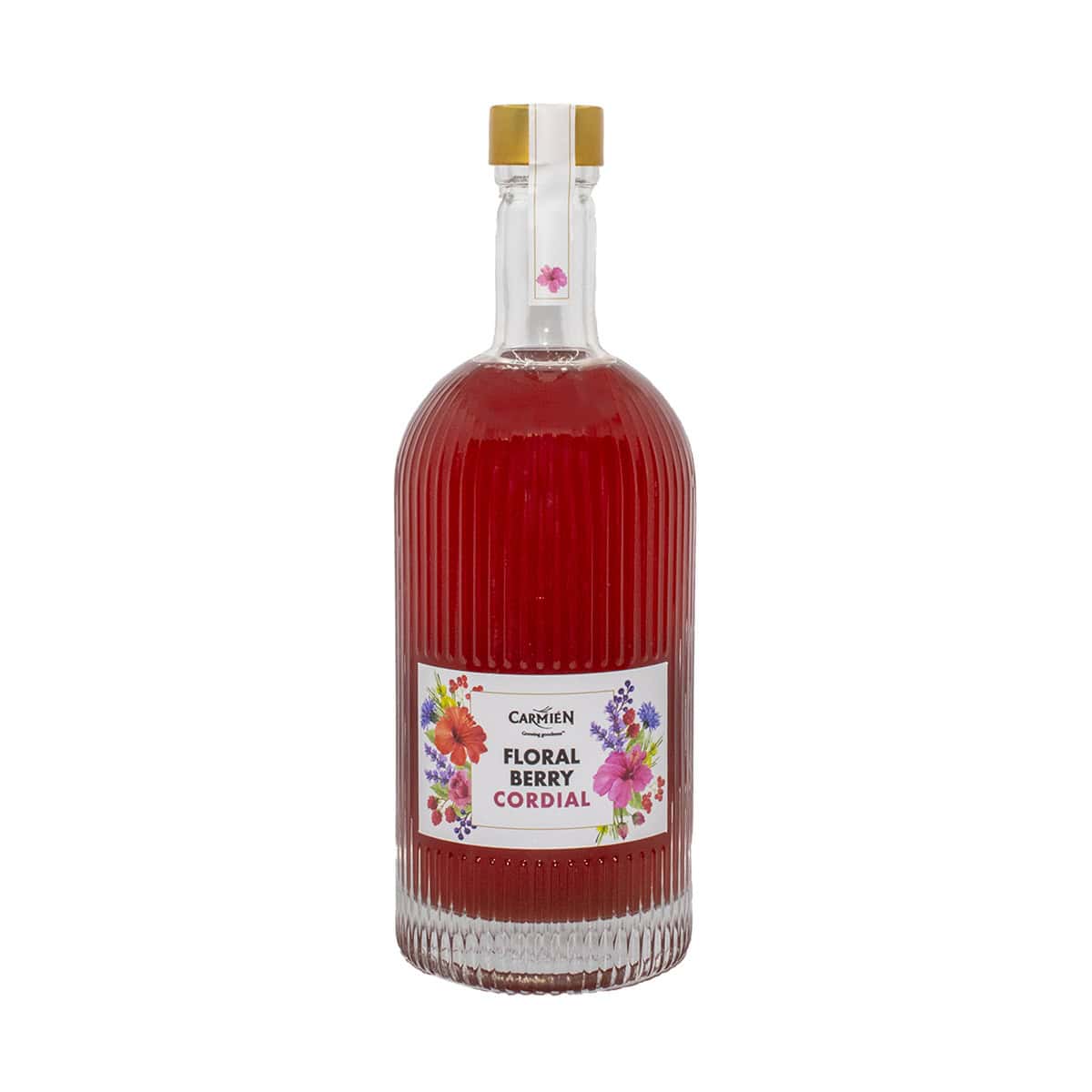 Rich red floral berry cordial in a clear, textured glass bottle with a gold and white cap and floral-themed label, ideal for enhancing wellness with natural Carmién Tea ingredients.