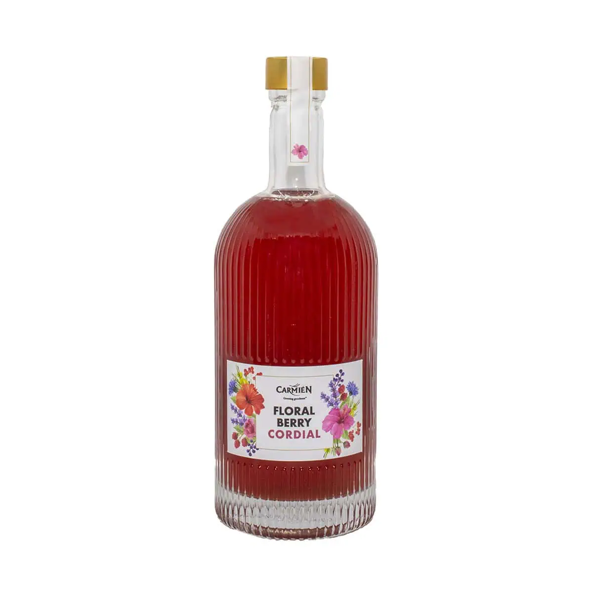 Rich red floral berry cordial in a clear, textured glass bottle with a gold and white cap and floral-themed label, ideal for enhancing wellness with natural Carmién Tea ingredients.