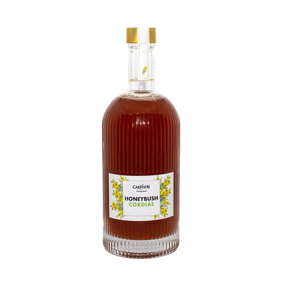 Rich honeybush herbal tea in a glass bottle with golden cap, promoting natural wellness and antioxidants.