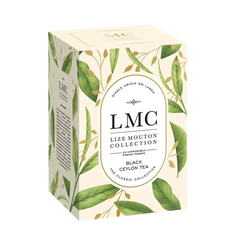 Box of LMC Black Ceylon Tea with natural leaf design, 20 pyramid tea bags, premium Sri Lankan black tea for a rich, authentic tea experience.