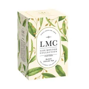Box of LMC Black Ceylon Tea with natural leaf design, 20 pyramid tea bags, premium Sri Lankan black tea for a rich, authentic tea experience.