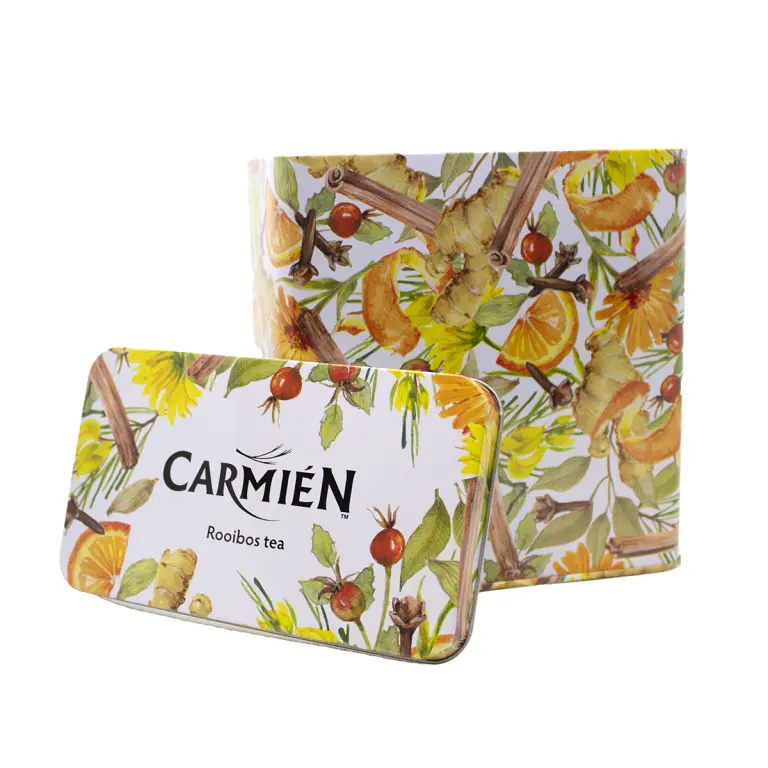 Vibrant Carmién Rooibos tea packaging featuring natural herbal illustrations, perfect for health-conscious consumers seeking authentic South African herbal teas.