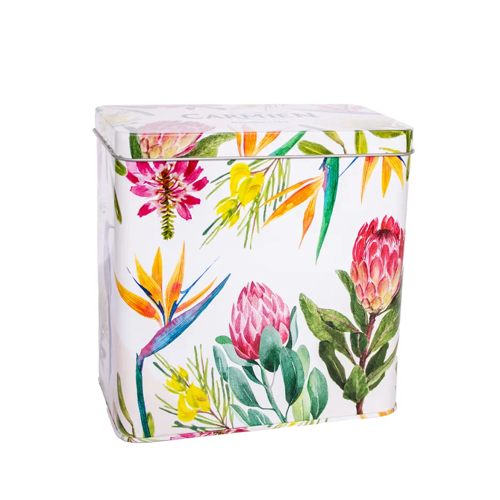 Brightly colored floral and bird print tea tin from Carmién Tea, featuring indigenous Fynbos herbs, perfect for storing herbal teas and promoting natural wellness.