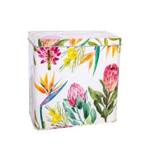Brightly colored floral and bird print tea tin from Carmién Tea, featuring indigenous Fynbos herbs, perfect for storing herbal teas and promoting natural wellness.