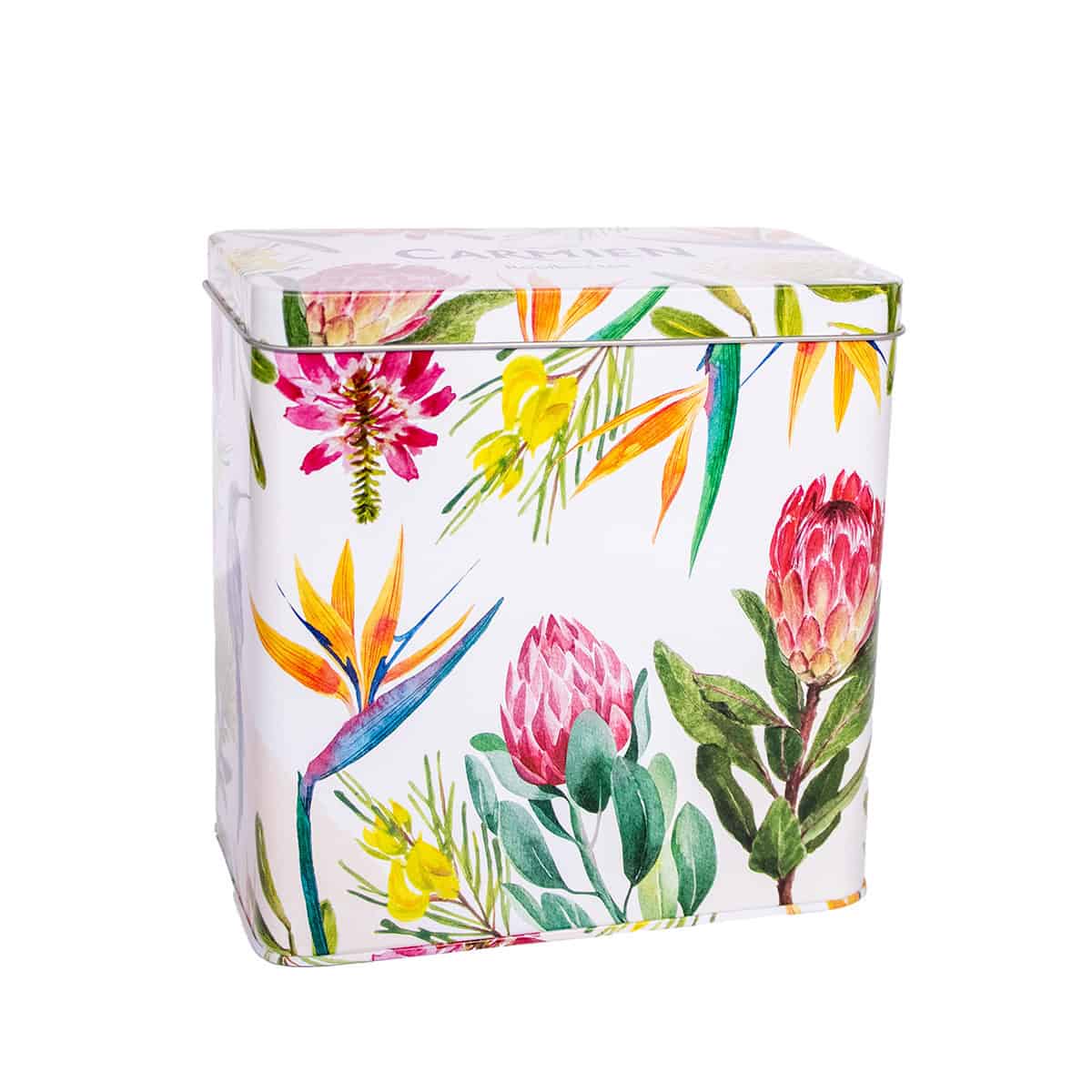 Brightly colored floral and bird print tea tin from Carmién Tea, featuring indigenous Fynbos herbs, perfect for storing herbal teas and promoting natural wellness.