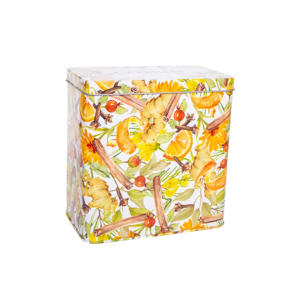 Vibrant floral gift tin with ginger, orange, and herbal tea ingredients, perfect for storing Carmién Tea blends. Beautifully designed for tea lovers and gift-giving occasions.