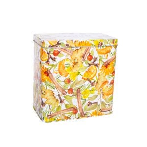 Vibrant floral gift tin with ginger, orange, and herbal tea ingredients, perfect for storing Carmién Tea blends. Beautifully designed for tea lovers and gift-giving occasions.