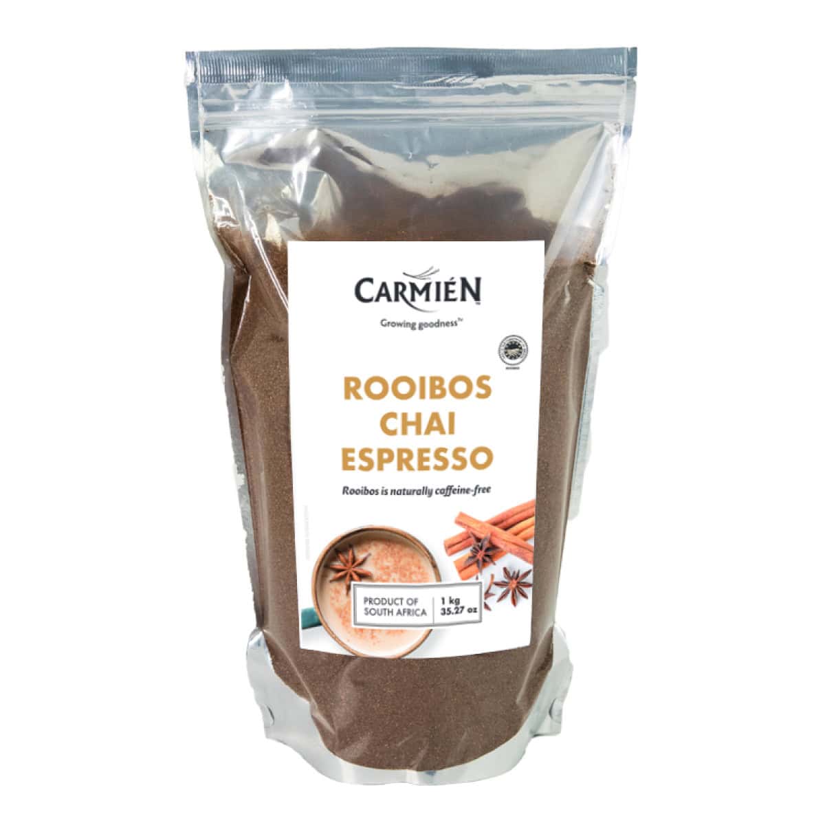 Rich rooibos chai espresso tea in a resealable package, featuring star anise and cinnamon. Perfect for natural, caffeine-free tea lovers seeking authentic South African rooibos flavors.