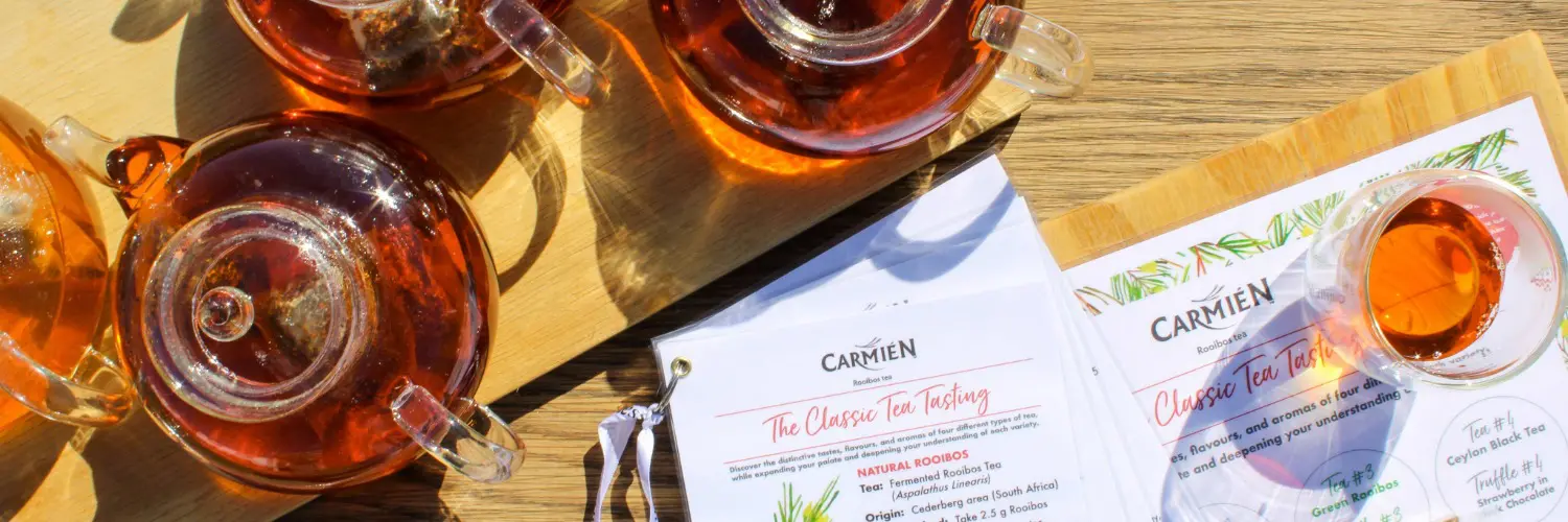 Fresh Rooibos tea in glass teapots, showcasing CARMIEN Tea’s natural and traditional Rooibos tea blends, perfect for authentic South African tea tasting experiences.
