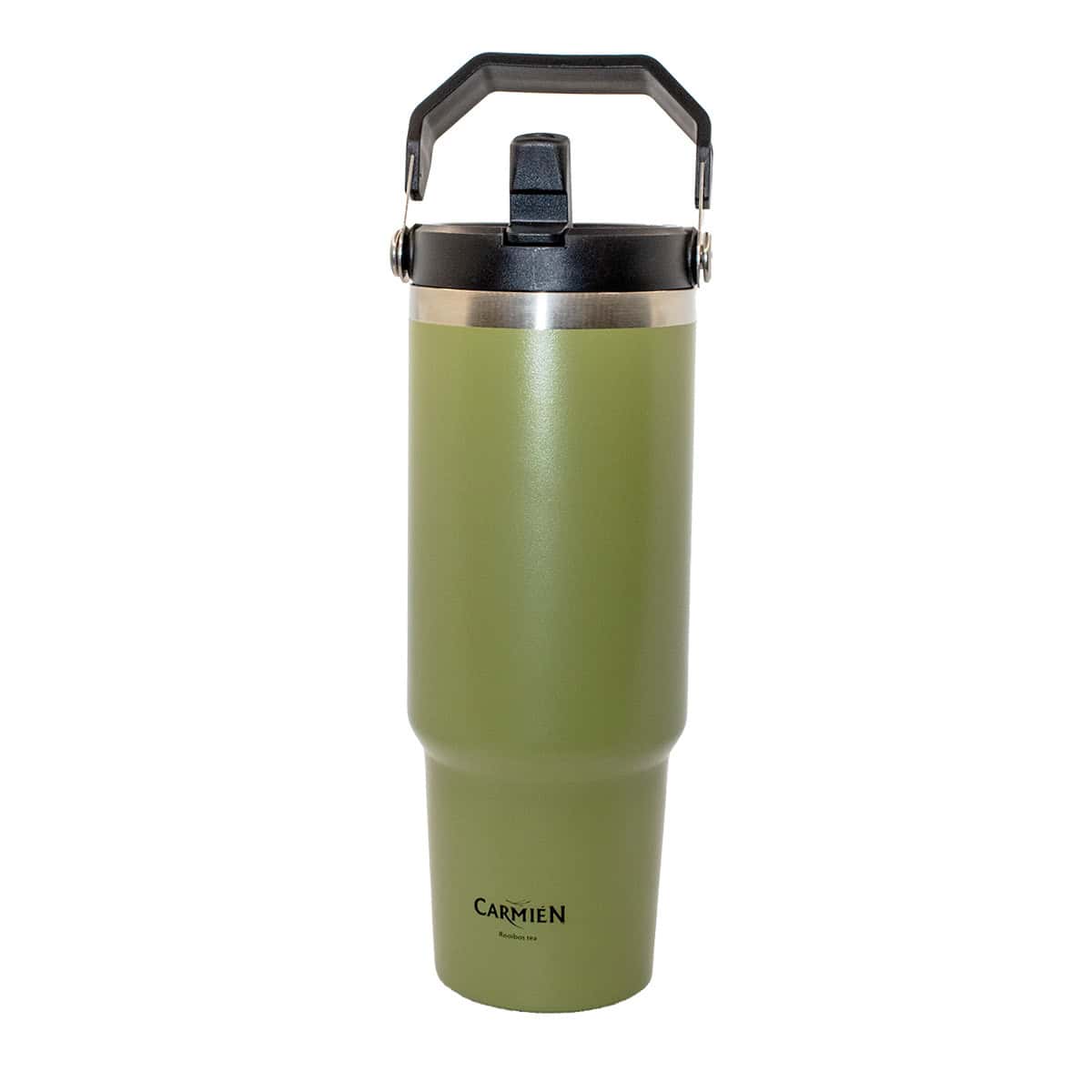 Eco-friendly green insulated tea tumbler featuring Carmién Tea logo, perfect for enjoying Rooibos tea on the go. Reusable, stylish, and durable for tea lovers and health-conscious consumers.