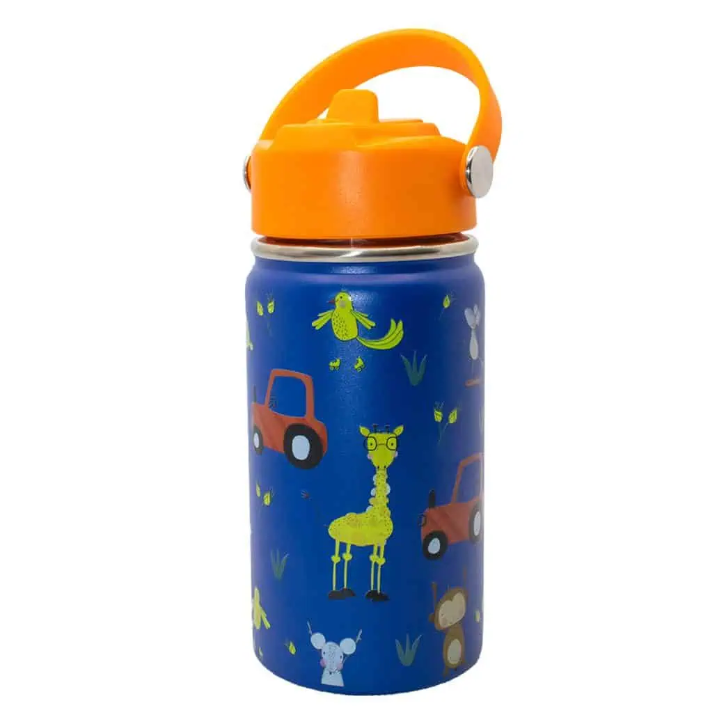 Colorful children's water bottle with animal and vehicle illustrations, ideal for promoting healthy hydration for kids. Durable, leak-proof, and perfect for school, outdoor adventures, or everyday use.