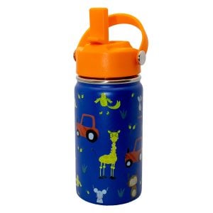 Bright blue children's water bottle featuring playful animal and vehicle illustrations, with an orange sports cap perfect for outdoor activities and staying hydrated.