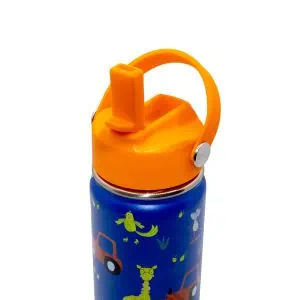 Bright orange and blue children's water bottle with playful animal and vehicle illustrations, featuring a leak-proof spout and easy-to-carry handle, perfect for kids on the go.