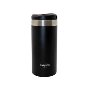 Freshly brewed Carmien Rooibos tea in a sleek black travel mug, perfect for enjoying the natural health benefits of South African Rooibos. Ideal for tea lovers on the go.