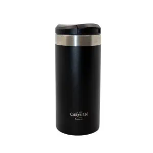 Freshly brewed Carmien Rooibos tea in a sleek black travel mug, perfect for enjoying the natural health benefits of South African Rooibos. Ideal for tea lovers on the go.